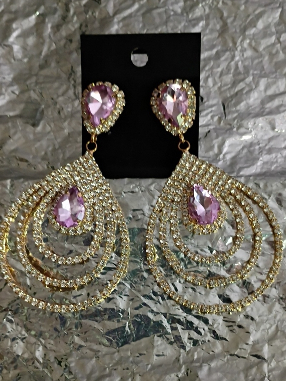 Elegant Gold-Tone Teardrop Earrings with Pink Crystals